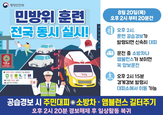 민방위 훈련 전국동시 실시
8월20일 목요일 오후2시부터 20분
공습경보시 주민대피 소방차 앰뷸런스 길터주기
오후 2시20분 경보해제후 일상활동 복귀